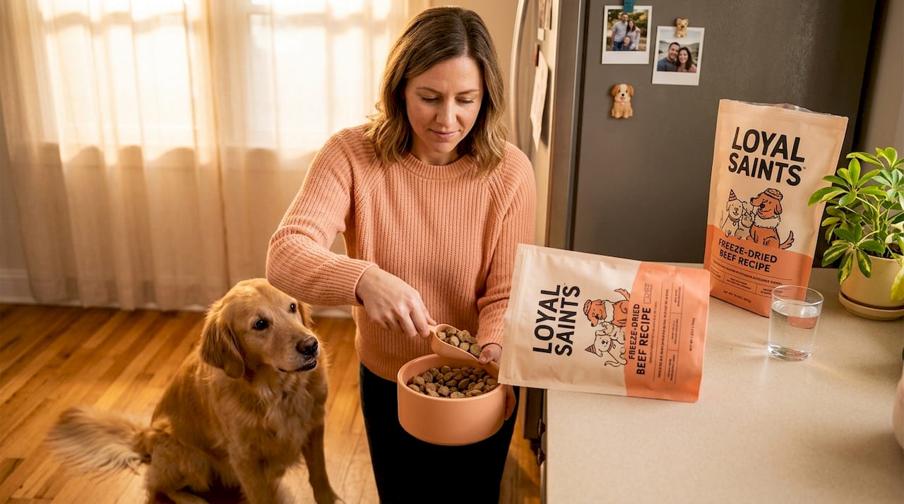 Woman feeding dog freeze-dried food in kitchen