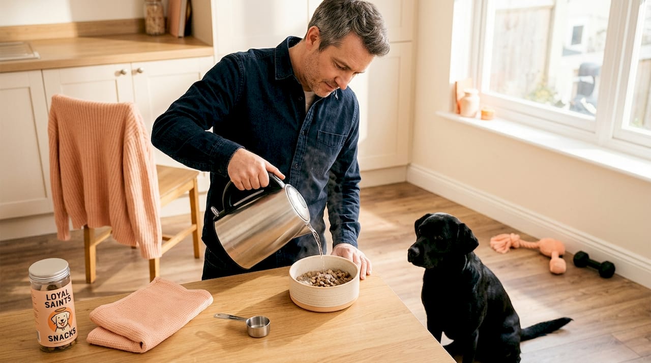 Man rehydrating freeze-dried dog food at table