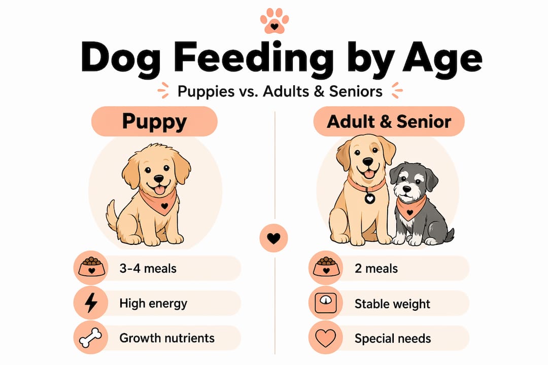 Infographic comparing puppy and adult dog feeding