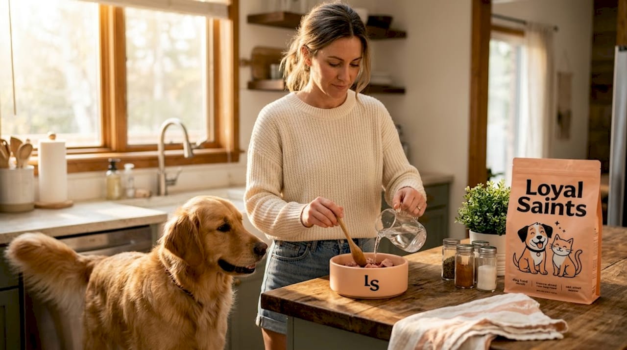 Dog owner prepping freeze dried raw food
