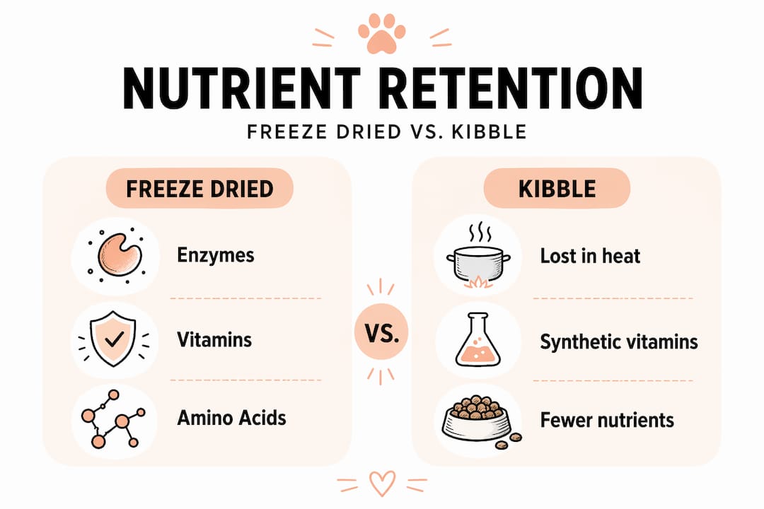 Infographic comparing freeze dried raw and kibble nutrients