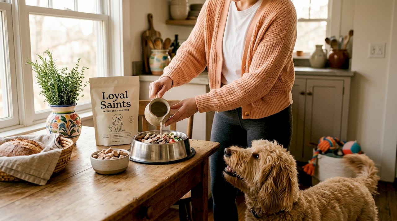 Dog and owner preparing freeze-dried food in kitchen
