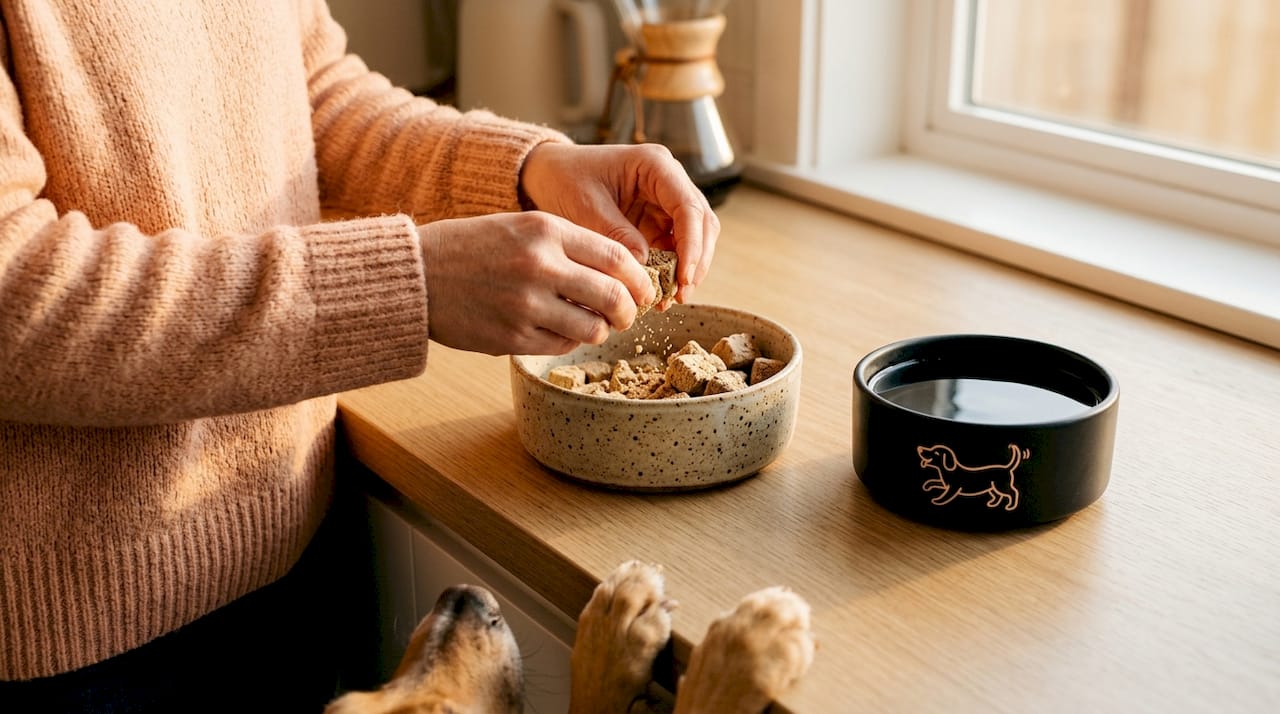 Hands breaking apart freeze-dried dog food cubes