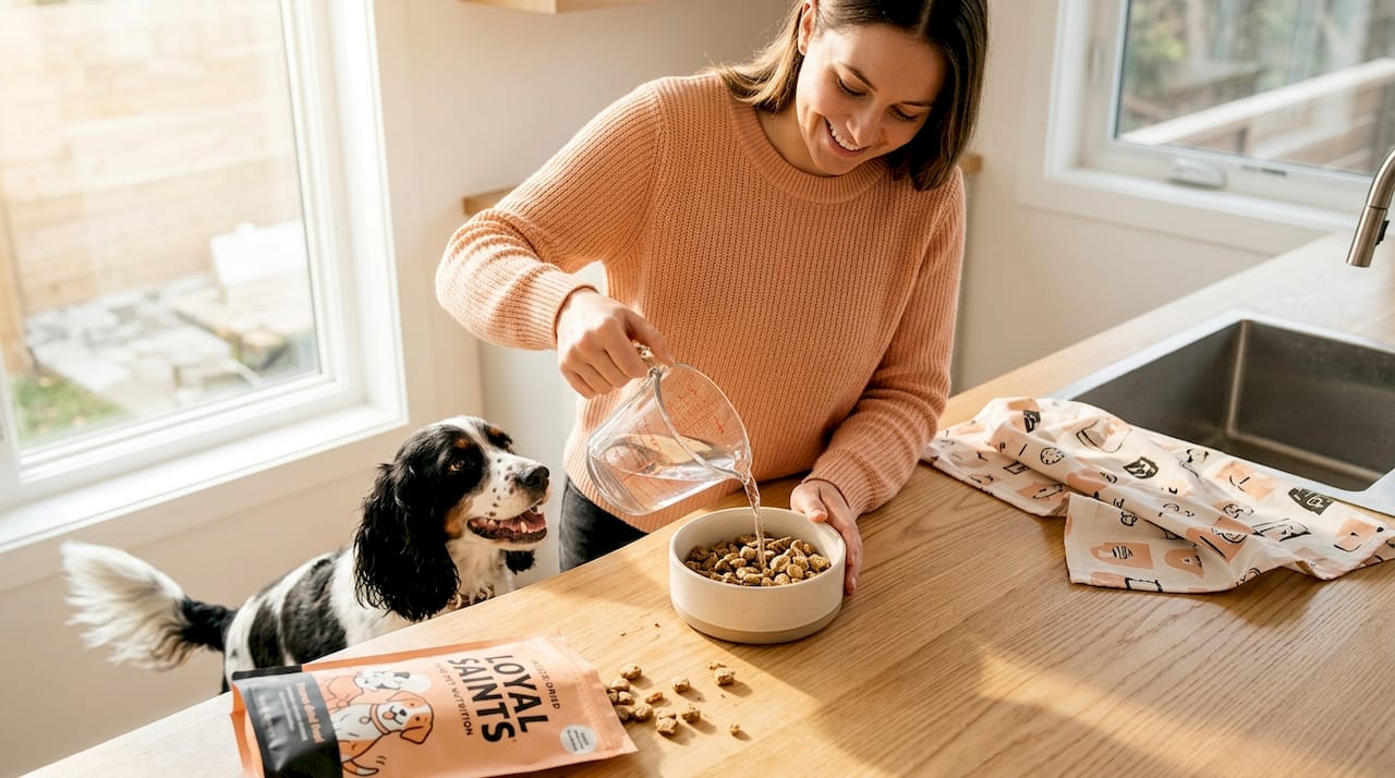 Dog owner rehydrating freeze-dried food