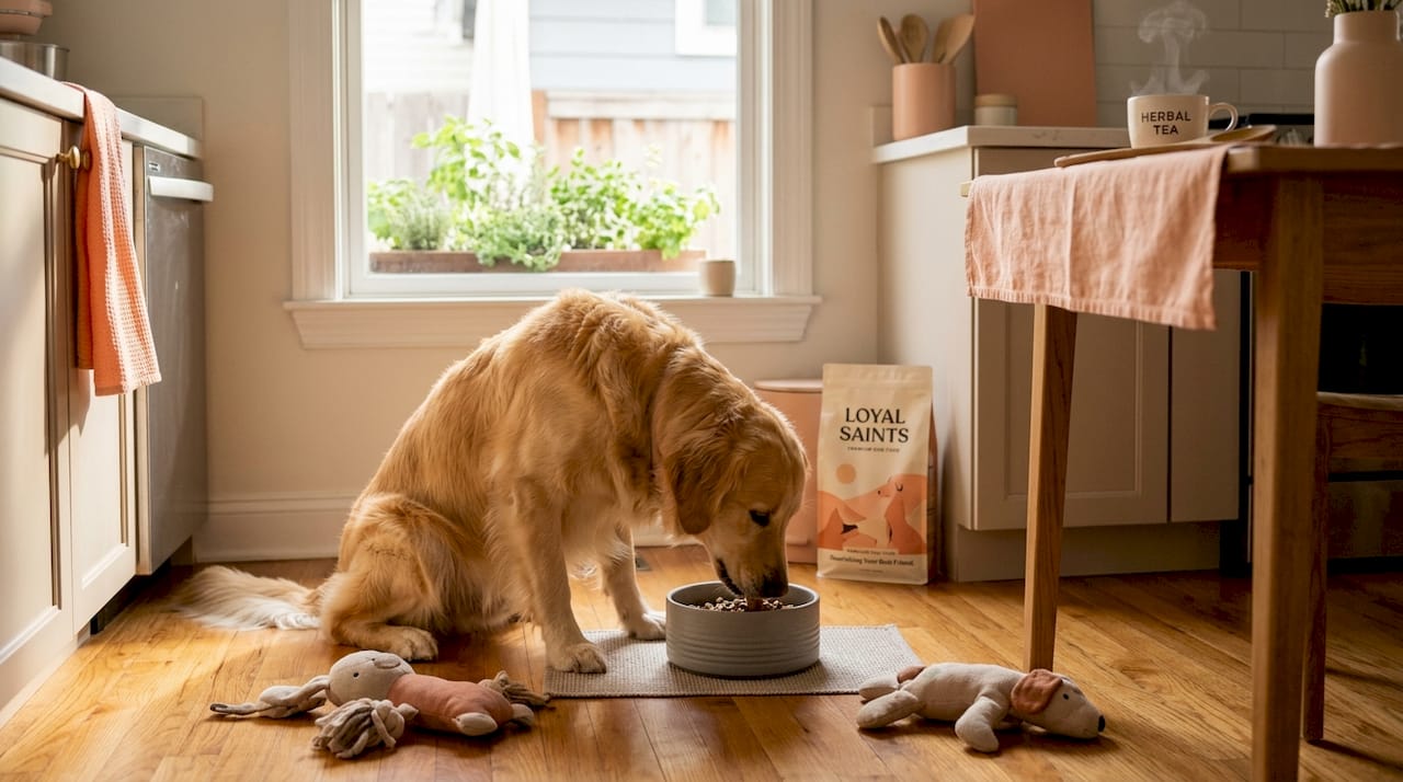 Dog eating freeze-dried food in kitchen
