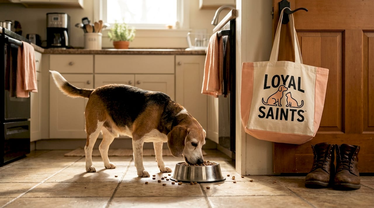 Midlife beagle eating kibble in home kitchen