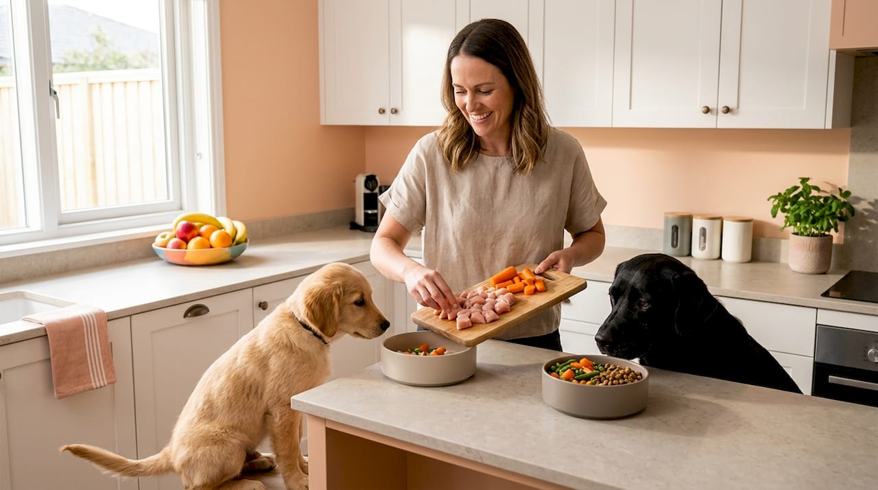 Dog owner prepares meals for puppy and senior dog