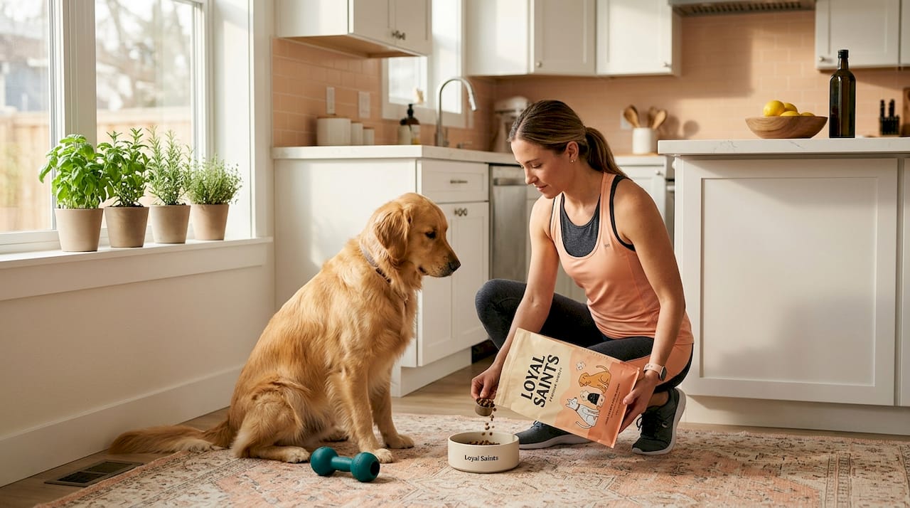 Owner measures dog food in sunny kitchen