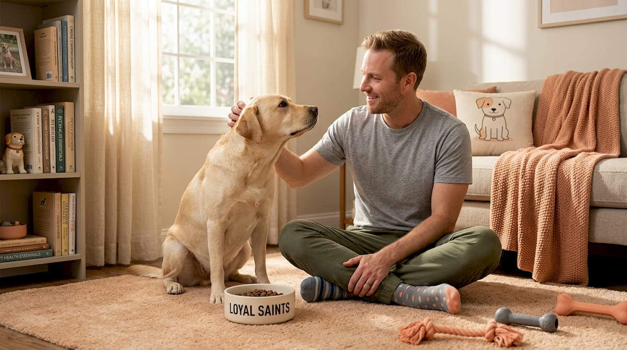 Owner petting dog in relaxed feeding routine