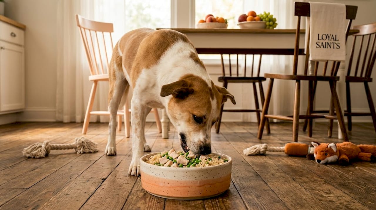 Dog eating chicken rice meal in kitchen
