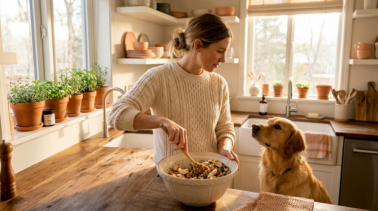 Dog owner preparing homemade dog meal in kitchen