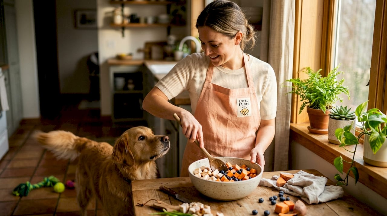 Dog owner prepares natural dog food in kitchen