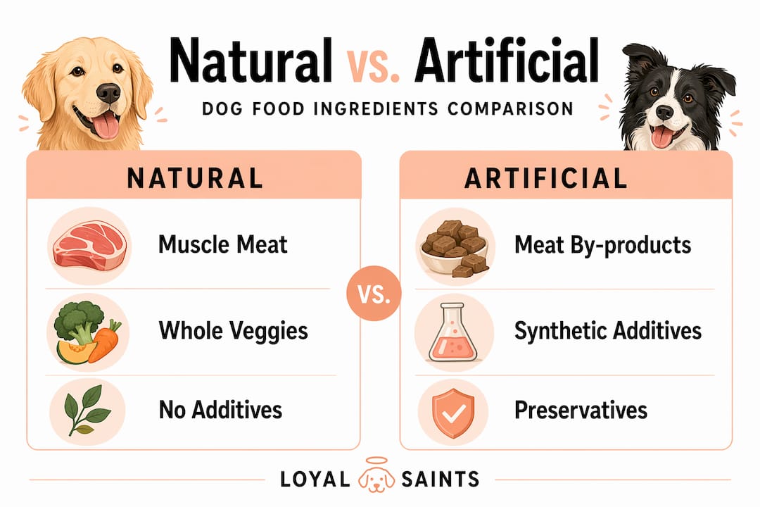 Infographic comparing natural and artificial dog food ingredients