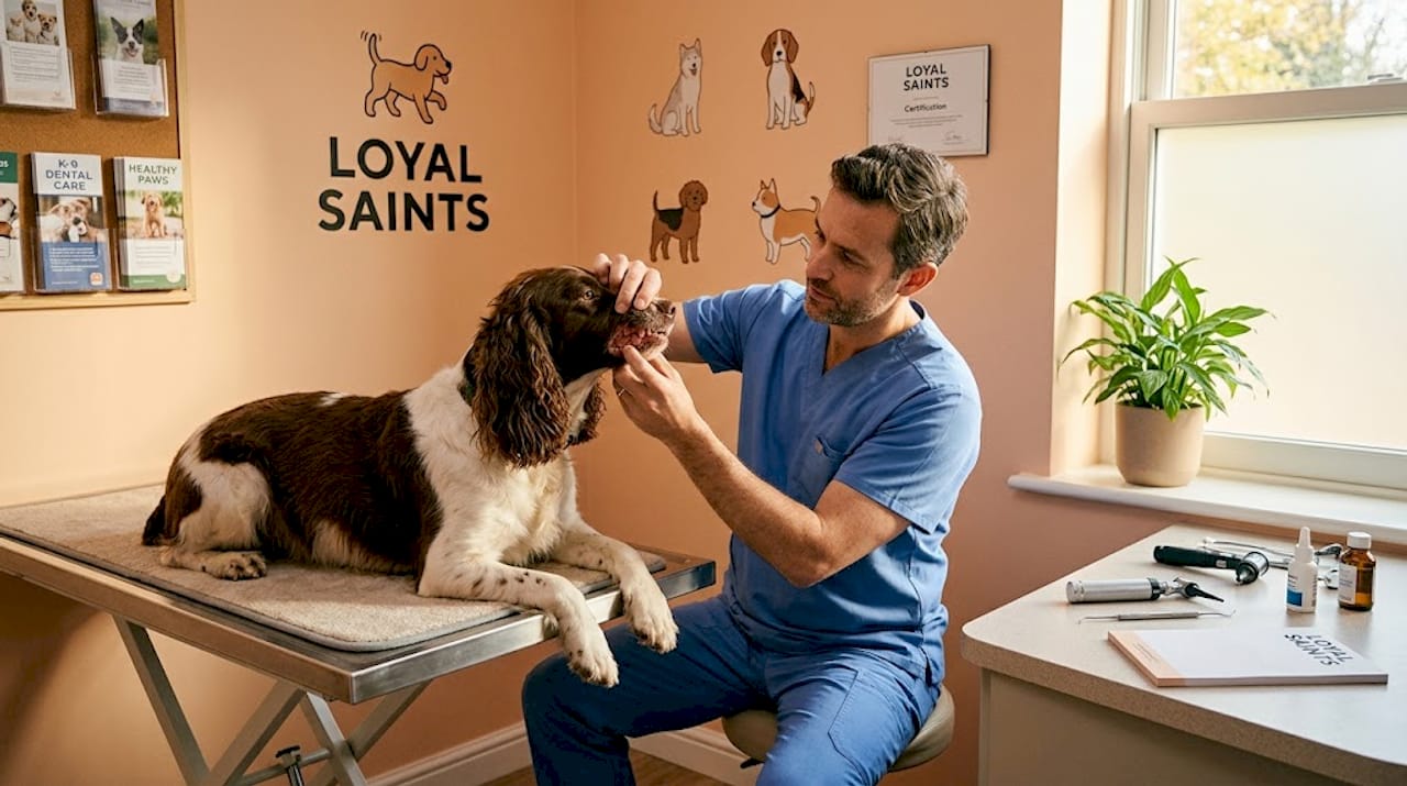 Veterinarian examines dog's clean teeth