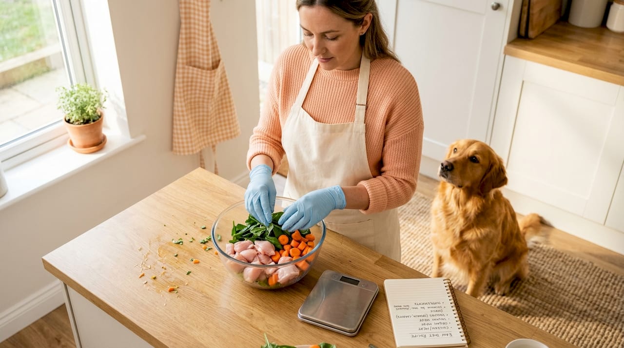 Dog owner prepping raw food in kitchen