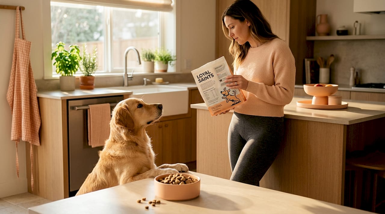 Golden retriever eating freeze-dried food in sunlit kitchen
