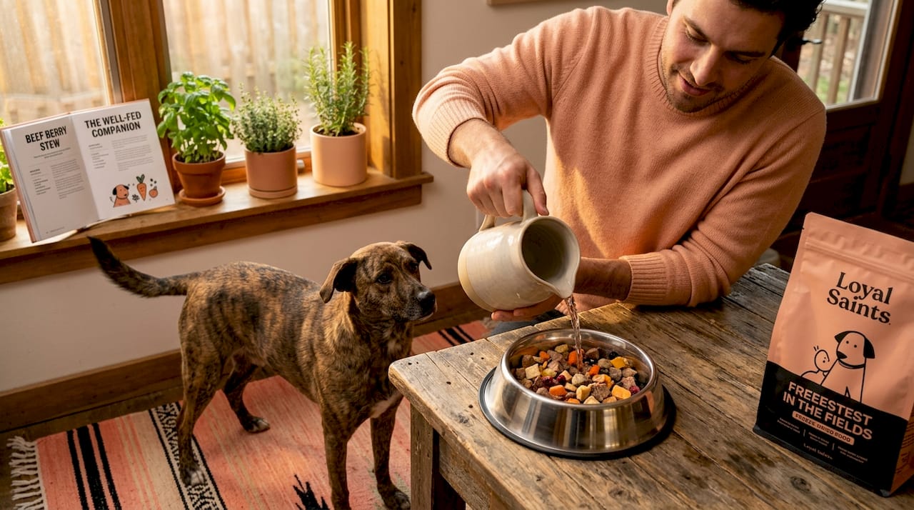 Dog owner rehydrating freeze-dried food at dinner table