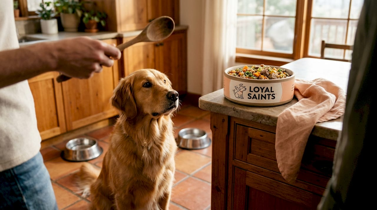 Golden retriever waiting for new food in kitchen