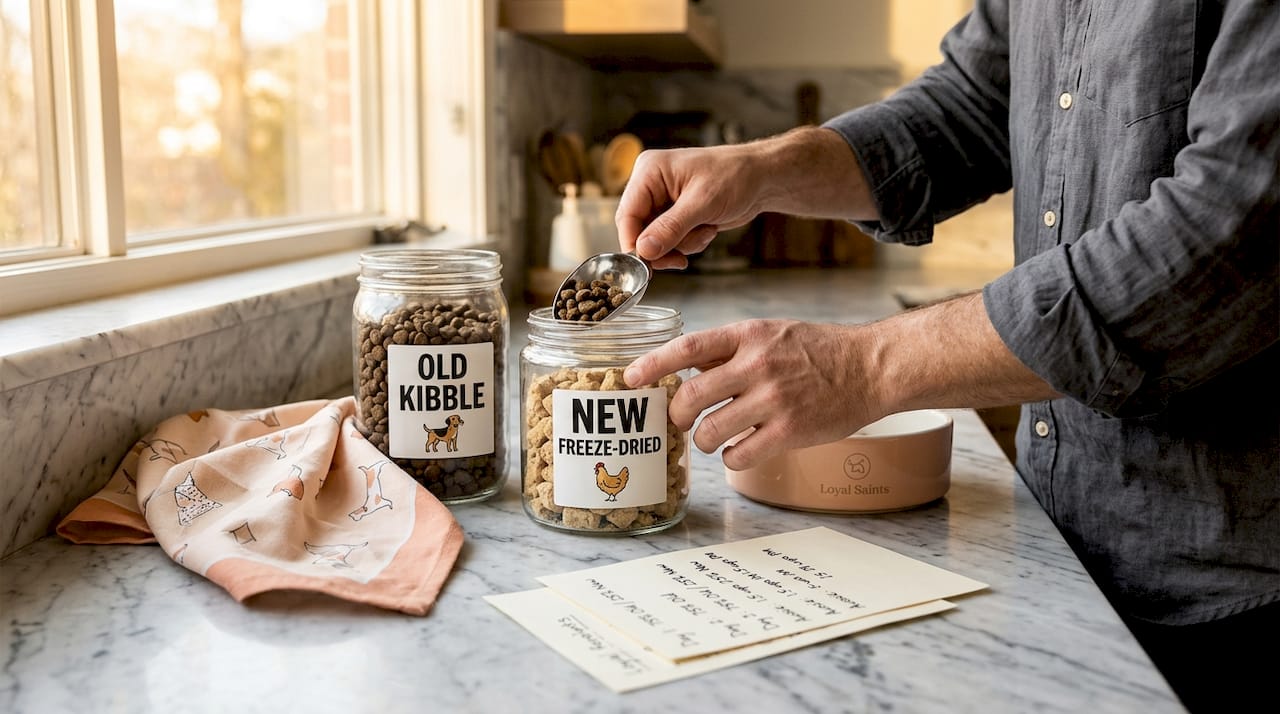 Hands measuring dog food portions on countertop