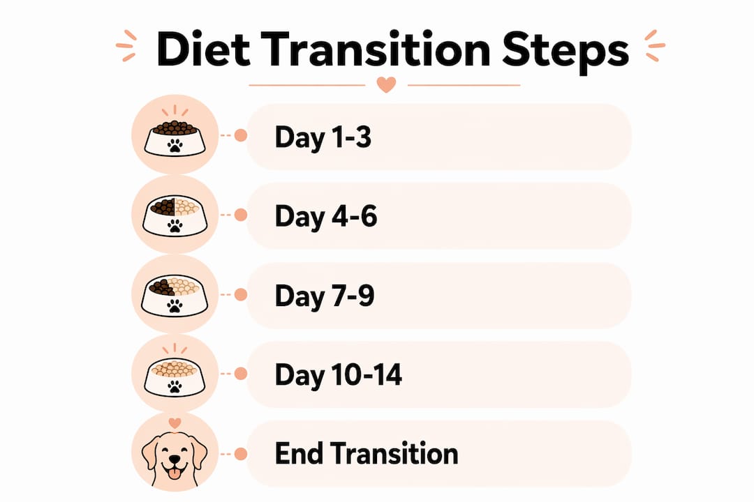 Infographic outlining step-by-step dog diet transition schedule