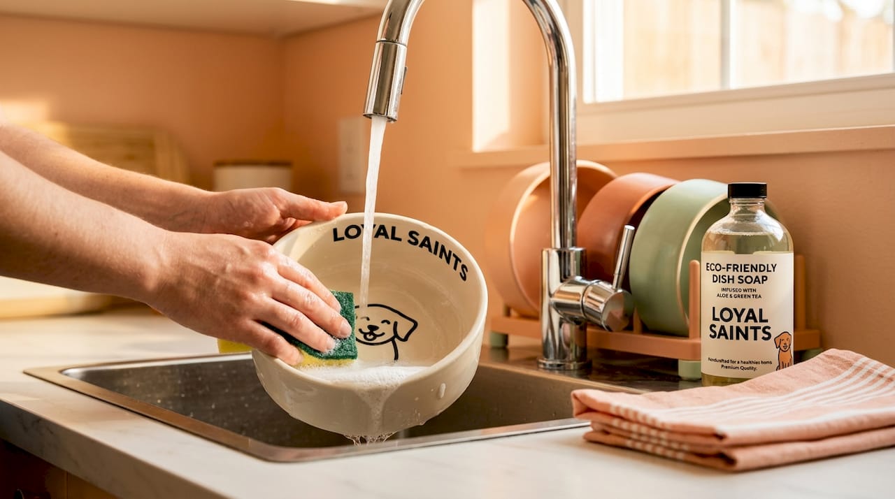 Hands washing dog food bowl under faucet