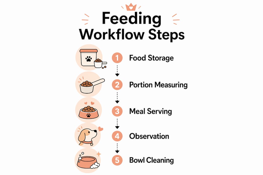 Infographic showing steps in dog feeding workflow