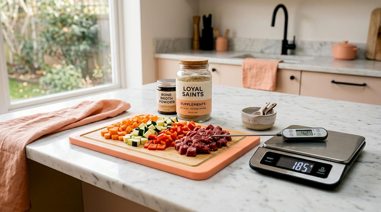 Close-up of kitchen tools for pet food preparation