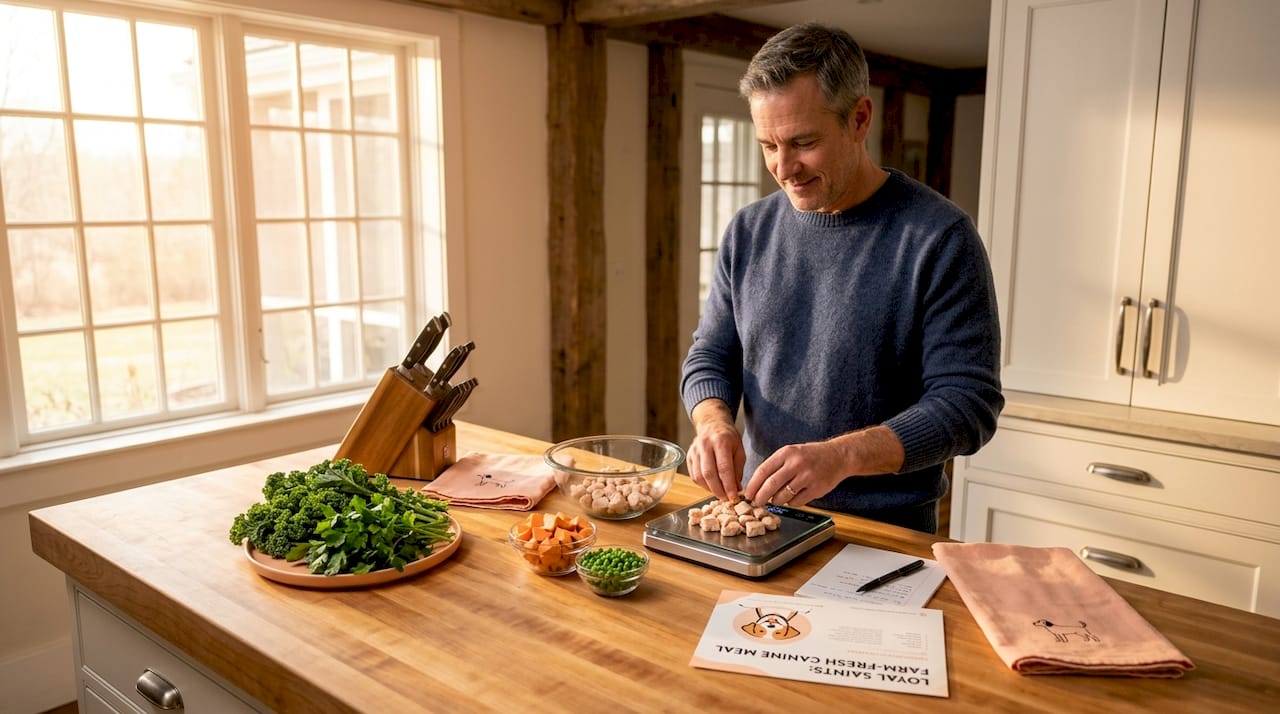 Man measuring ingredients for dog food preparation