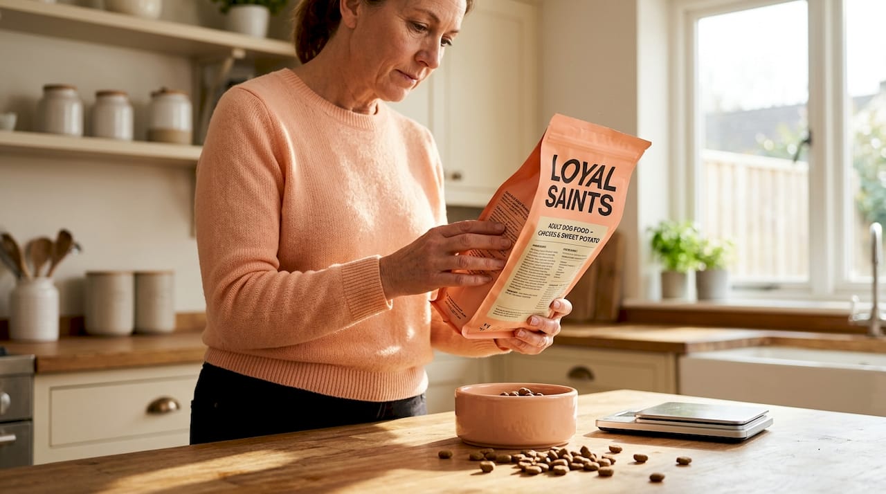 Dog owner reading dog food label in kitchen