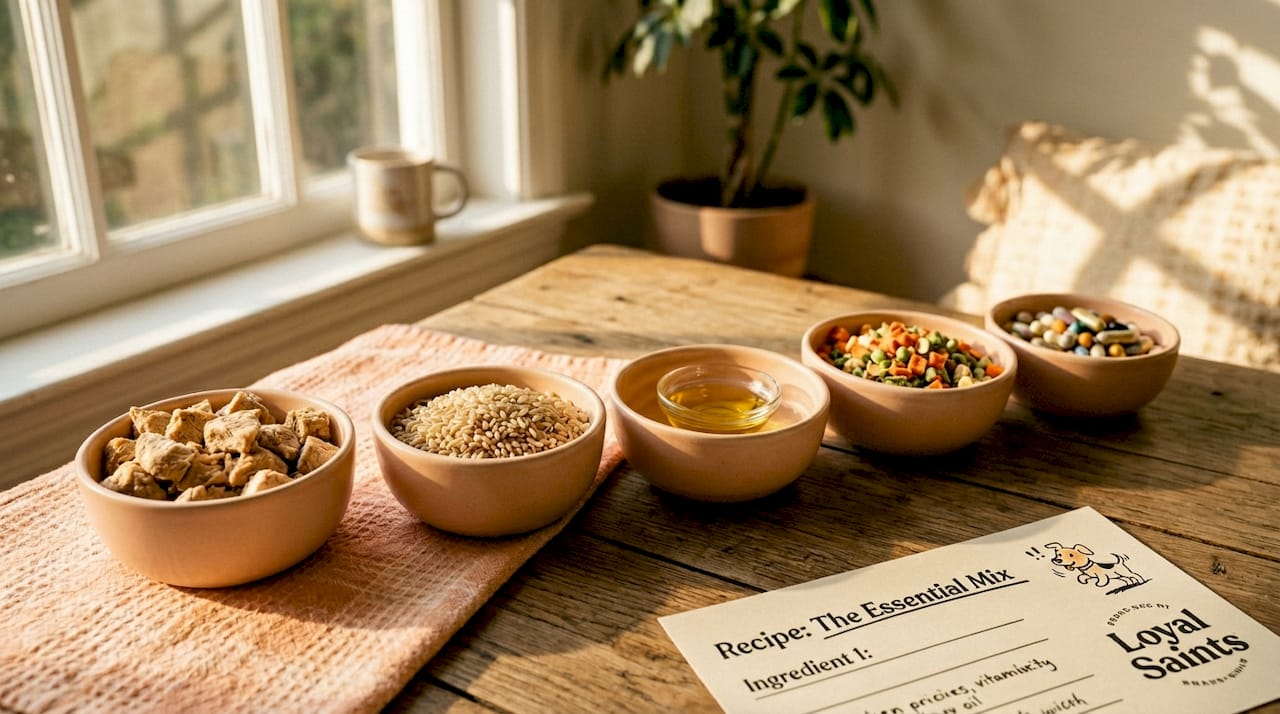 Key dog food ingredients in bowls on table