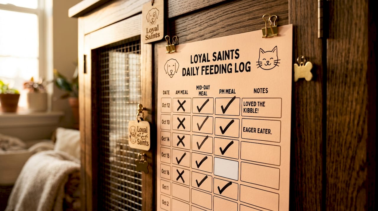 Color-coded feeding chart on kennel door
