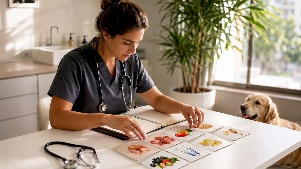 Veterinarian preparing dog nutrition chart