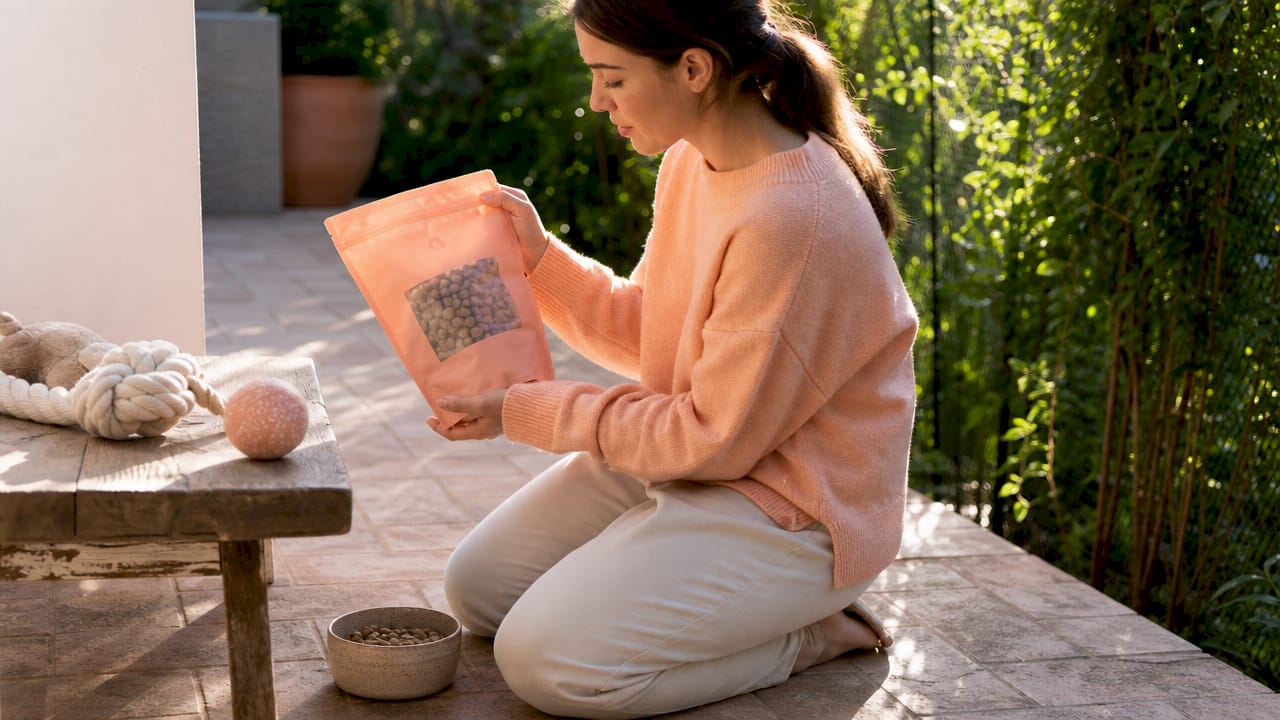 Hands checking resealable freeze dried dog food bag