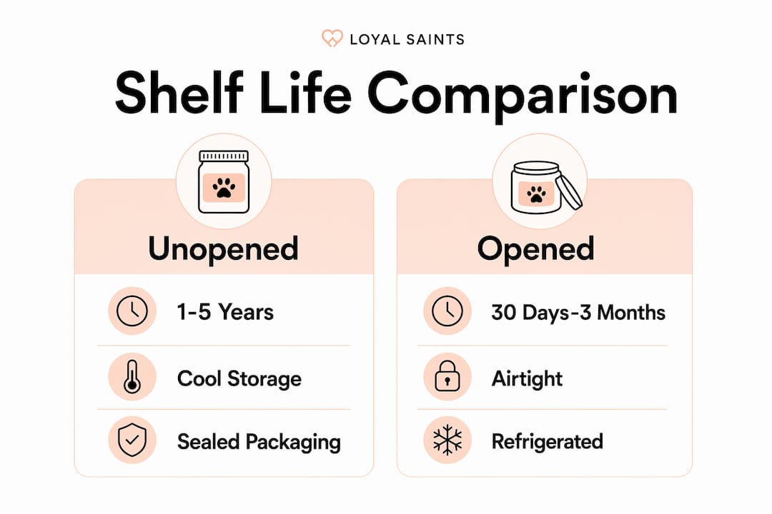 Infographic comparing unopened vs opened freeze dried dog food shelf life