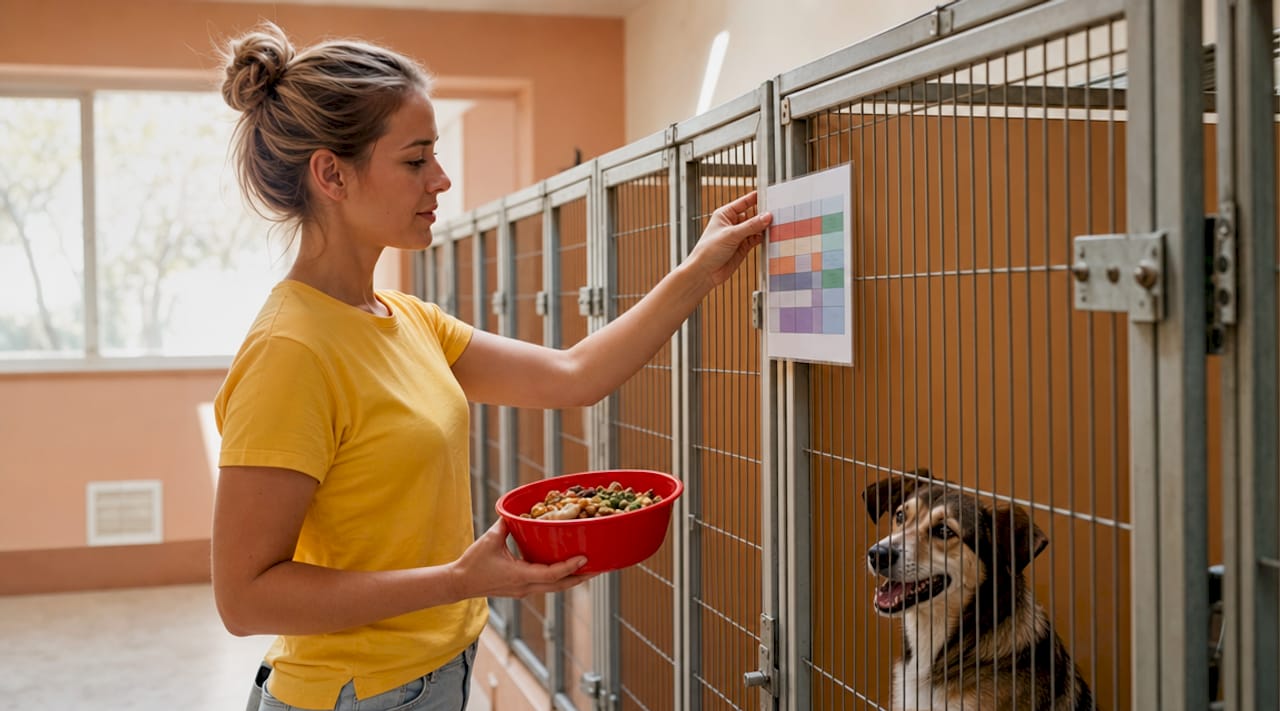 Hands attaching feeding card at shelter kennel