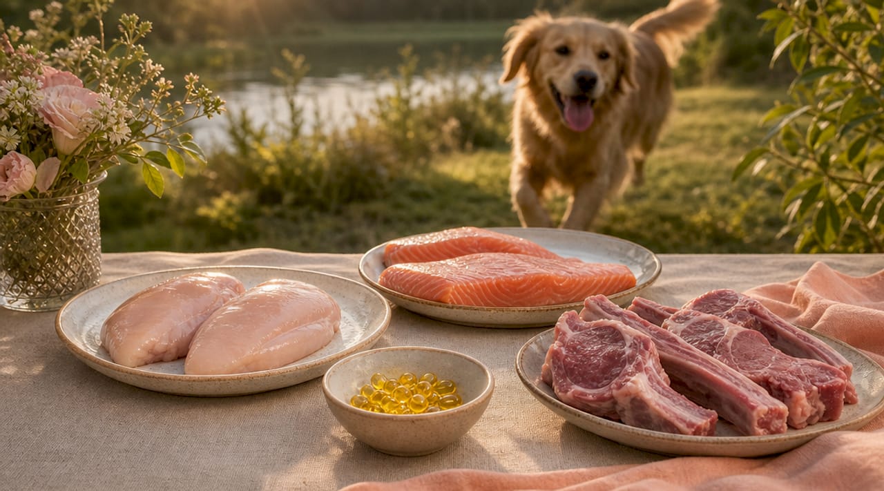 Raw named animal proteins on kitchen table with dog