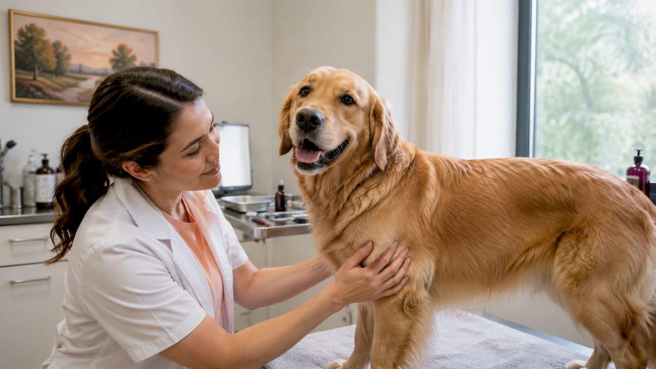 Veterinarian assessing dog's body condition