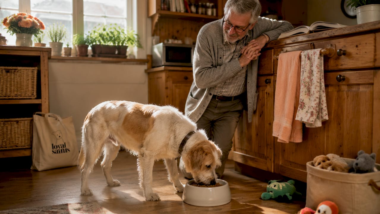 Man watching dog eat kibble testing digestibility