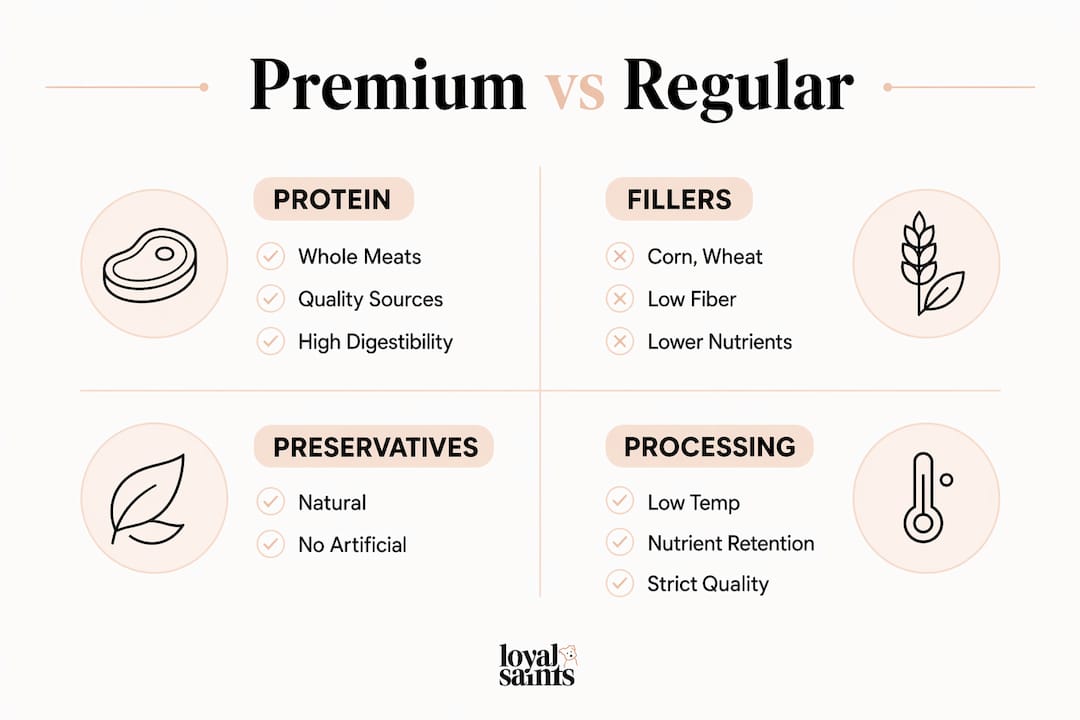 Infographic comparing premium and regular dog food qualities