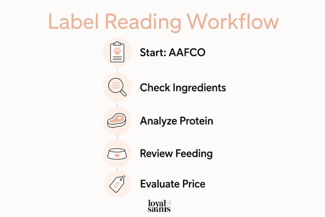 Infographic showing pet food label reading workflow steps