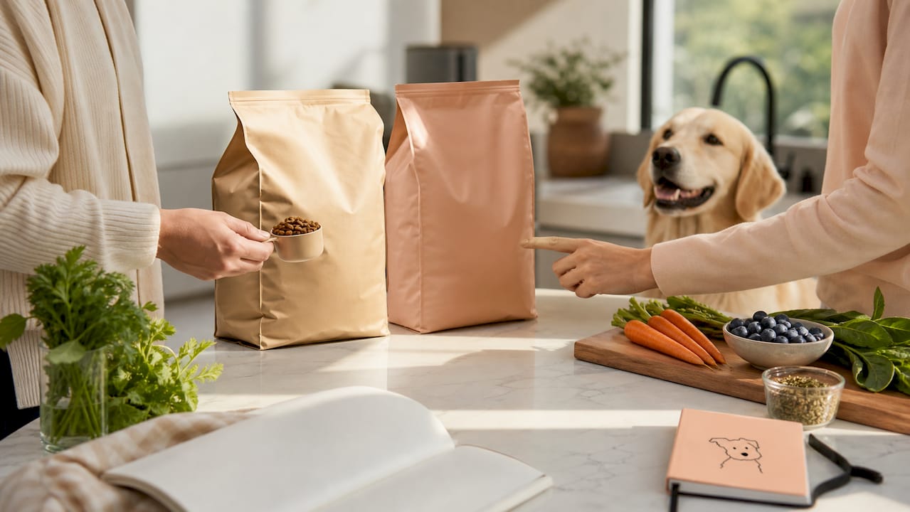 Hands comparing dog food labels on kitchen counter
