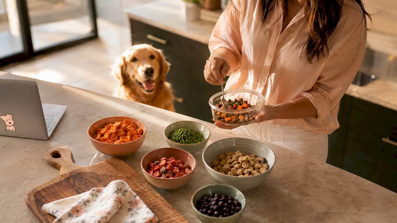 Freeze-dried dog food ingredients on kitchen counter