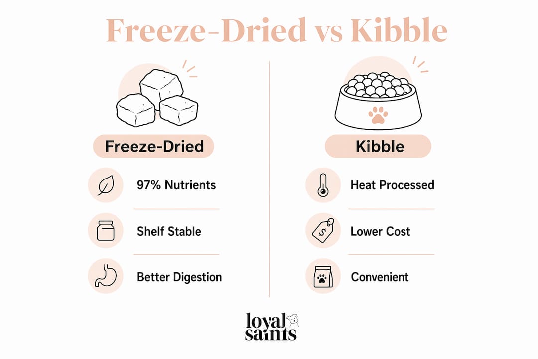 Comparison infographic: freeze-dried dog food vs kibble