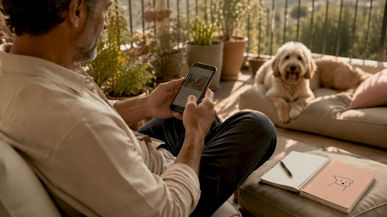 Man checking pet food recall on smartphone
