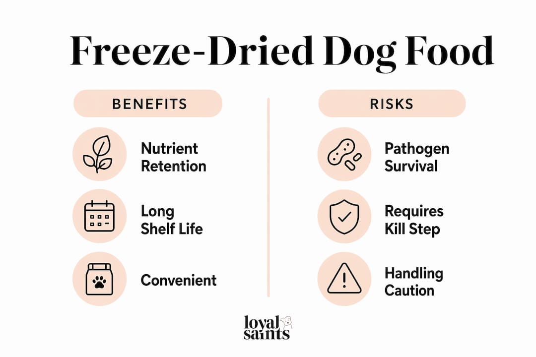 Infographic comparing benefits and risks of freeze-dried dog food