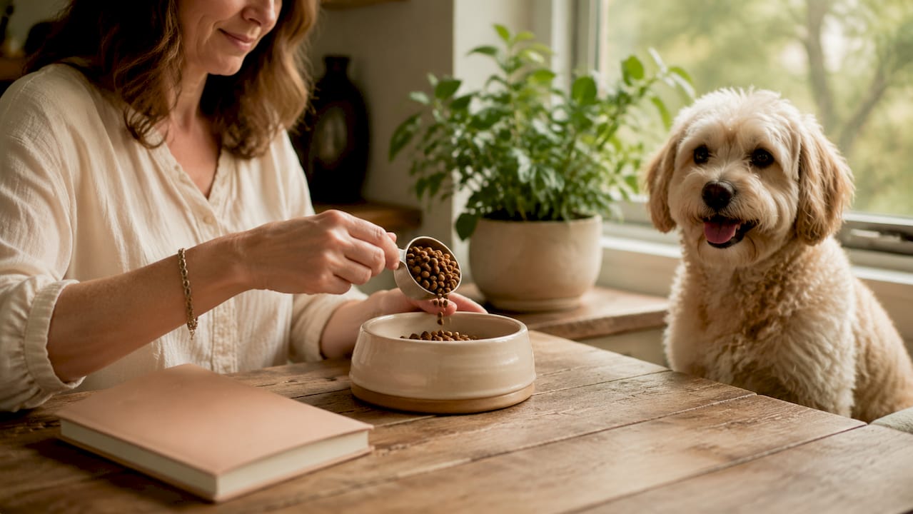 Hands measuring dog food portions carefully