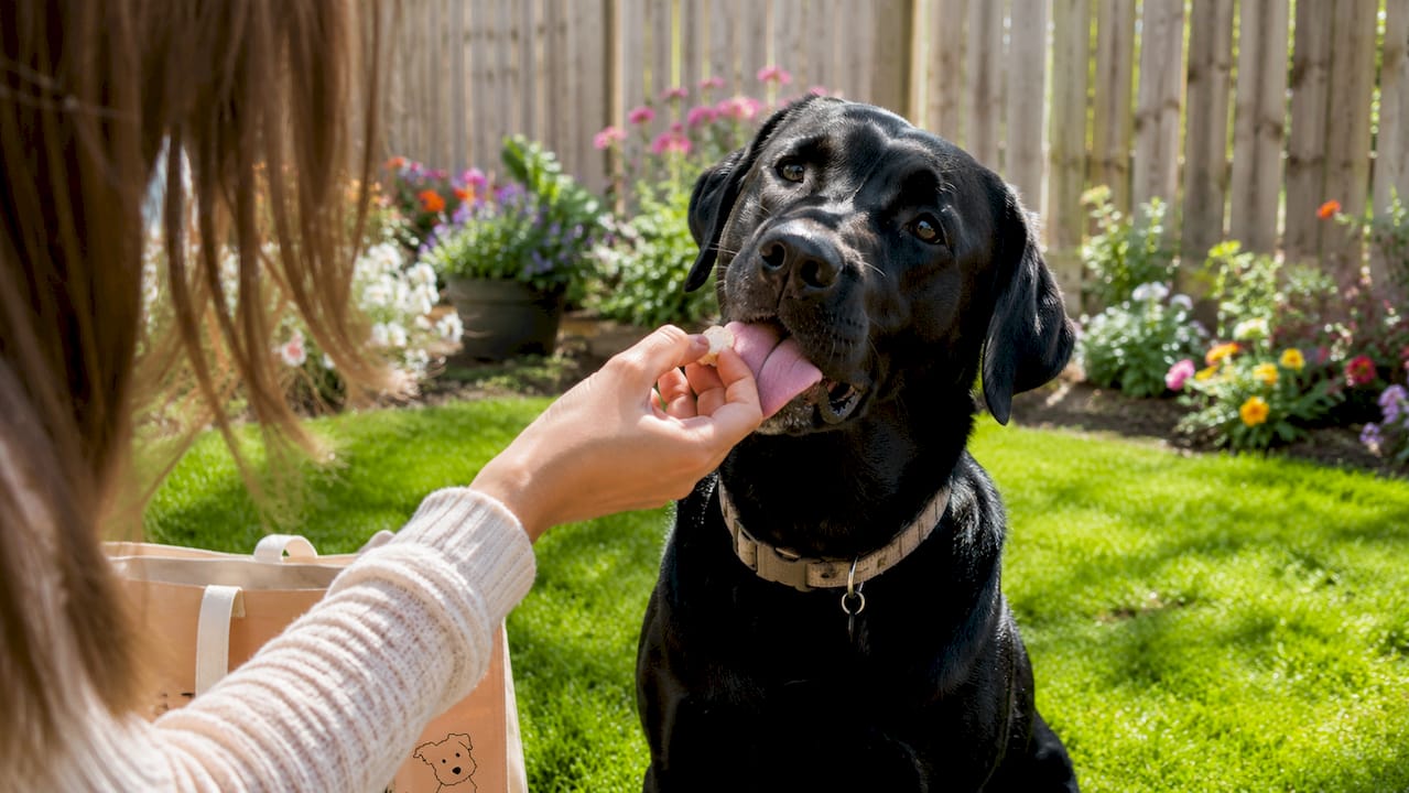 Black Labrador eating chicken protein treat outdoors