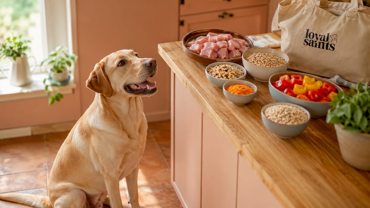 Healthy dog happy with balanced meal ingredients