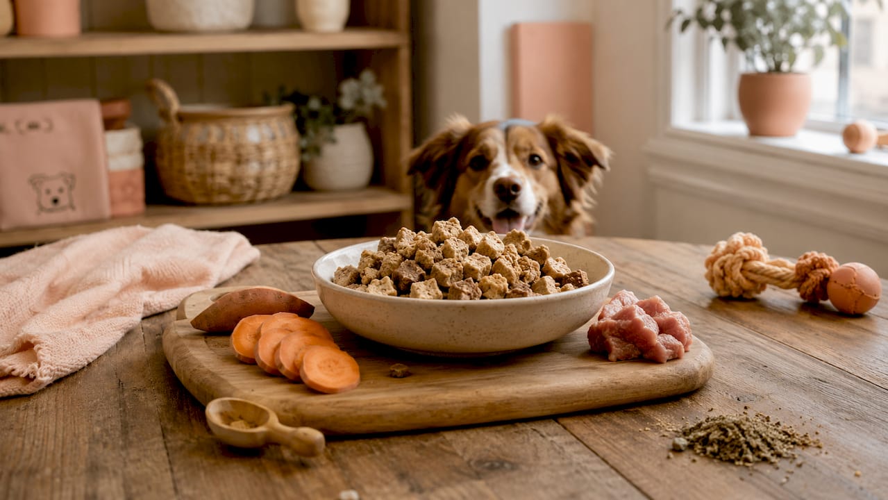 Close-up of freeze dried pet food with happy dog nearby