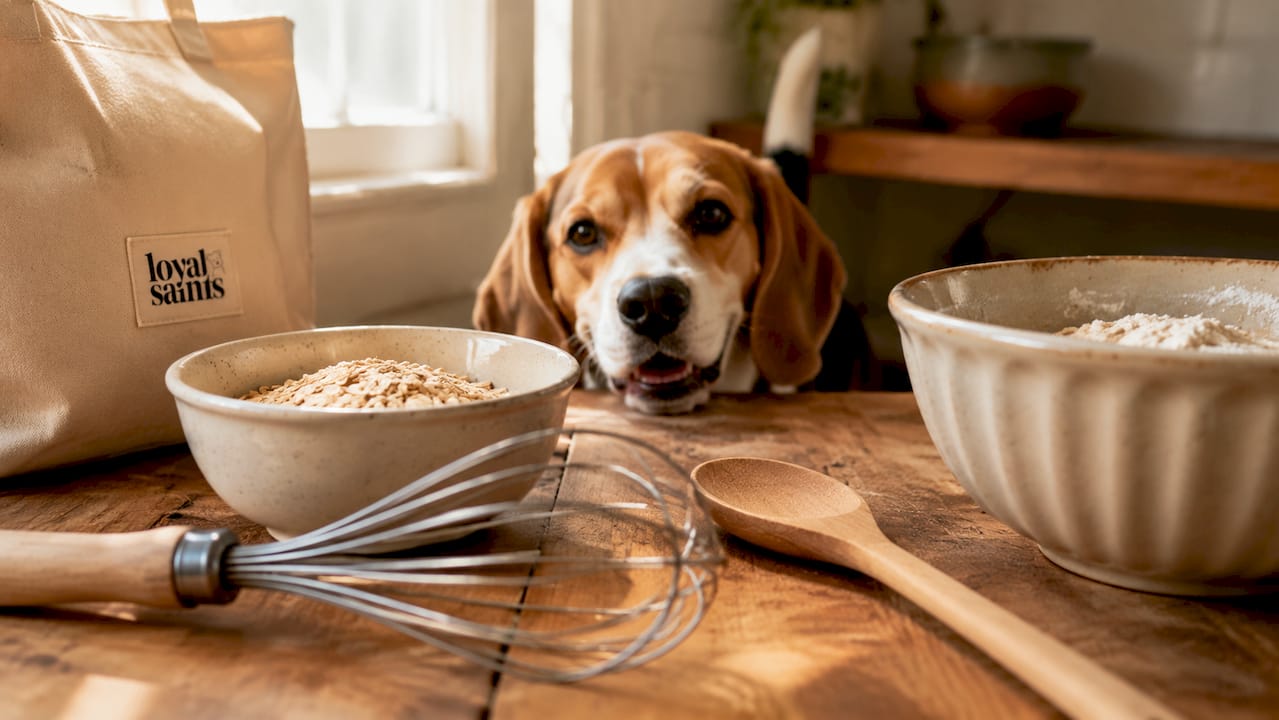 Essential kitchen tools for making dog treats overhead